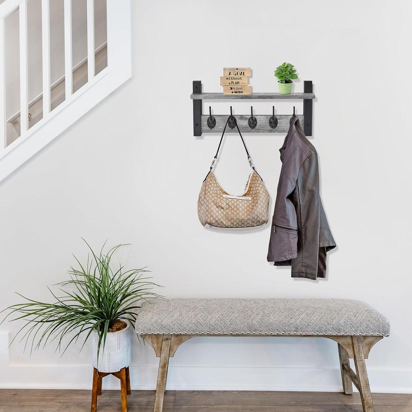 Sorbus Coat Hooks Wall Mount with Shelf – 16 Inch Coat Rack Wall Mount with 5 Heavy Duty Hooks – Floating Wall Shelf with Hooks for Entryway, Bathroom, Bedroom, Kitchen, or Mudroom (Gray)