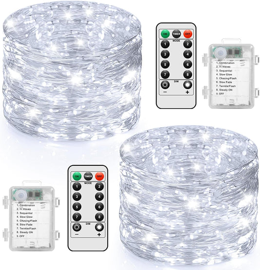 2 Pack 100 LED Fairy Lights Battery Operated with Timer & Remote, 33FT Waterproof Twinkle Lights Indoor Outdoor, Fairy String lights for Bedroom Classroom DIY Wedding Christmas Decorations, Cool White