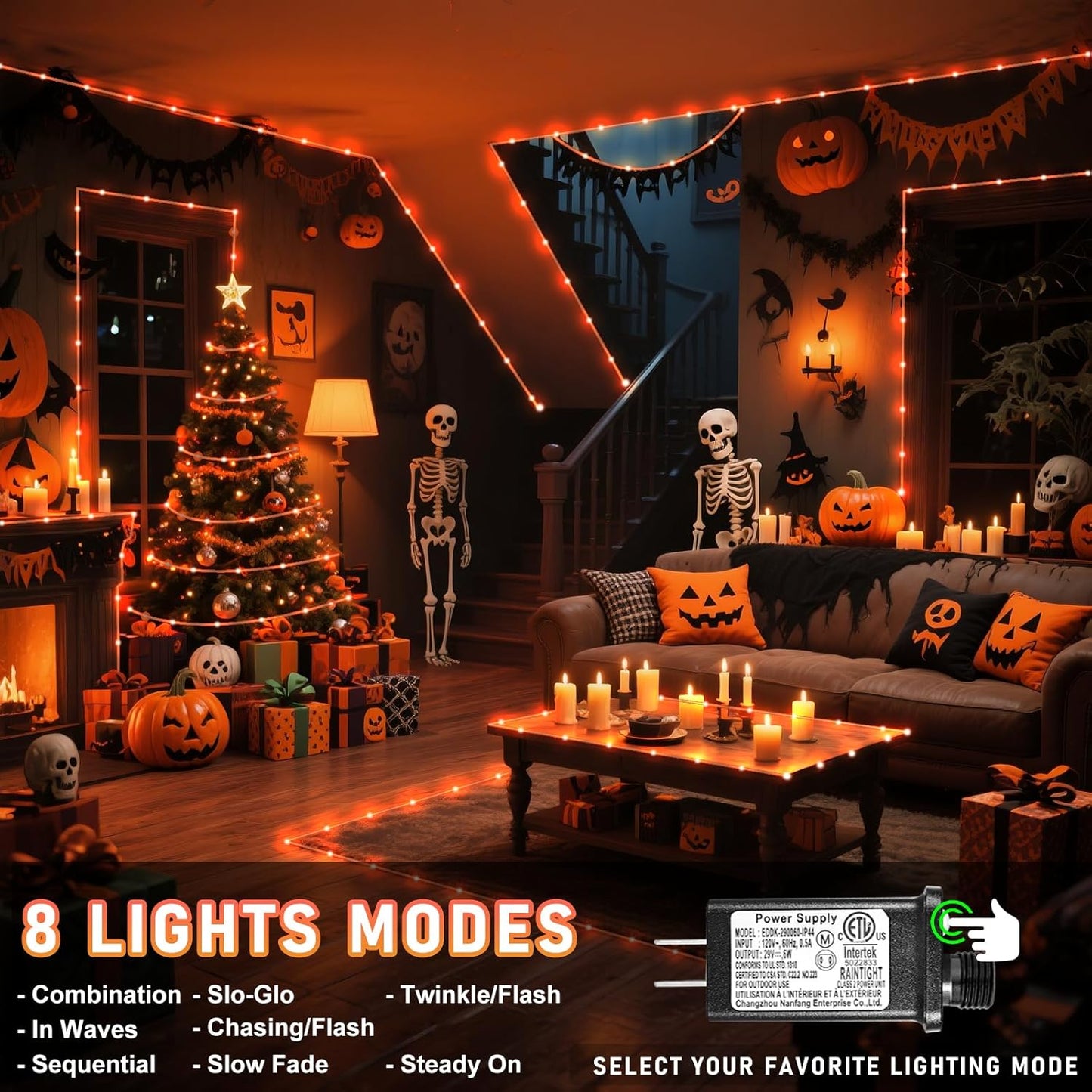 Orange Halloween Lights, 100FT 300 LED Rope Lights for Outside Waterproof with 8 Modes, Connectable String Lights for Indoor Patio, Trampoline, Garden, Pool, Tree, Holiday Decorations