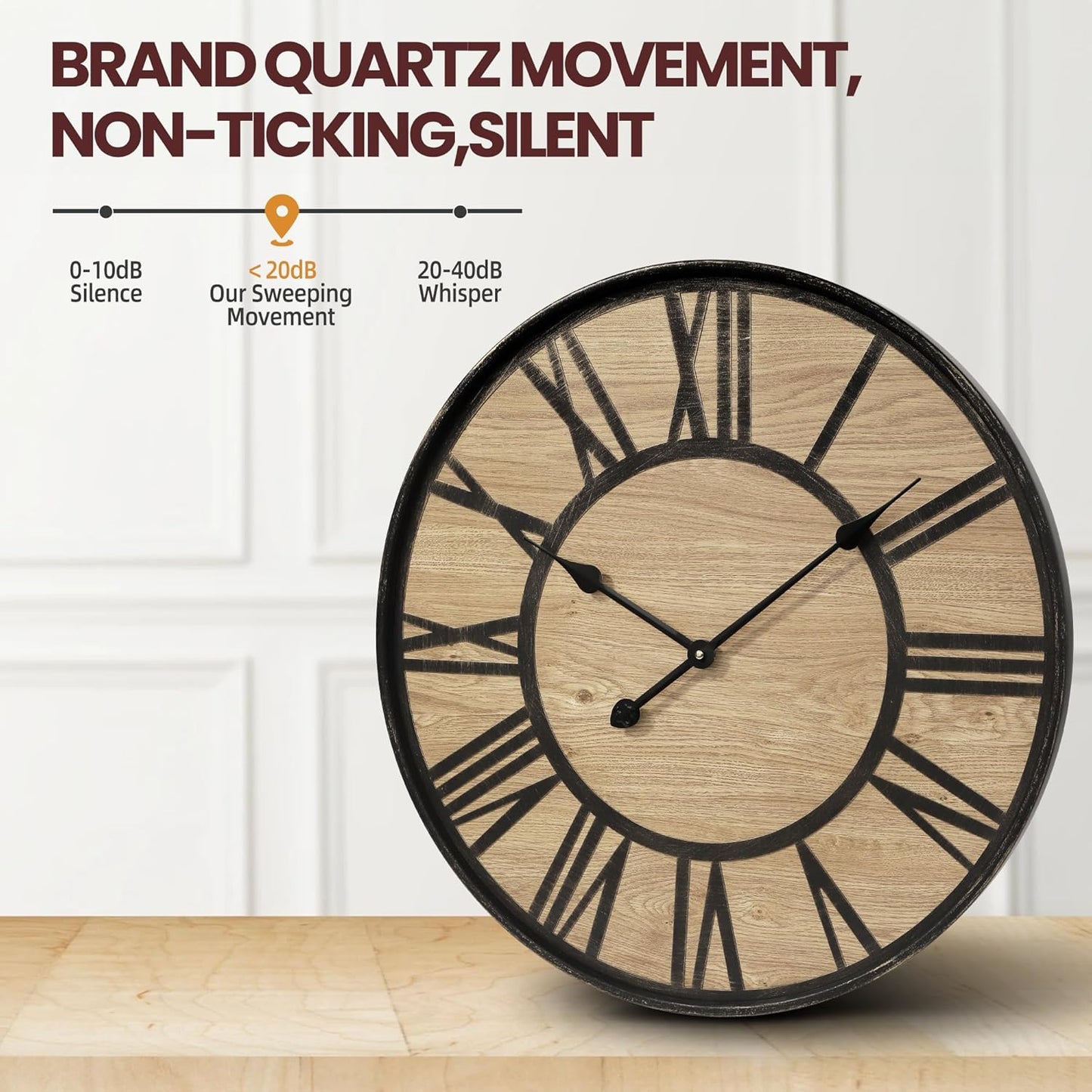 Large Wall Clock for Living Room Decor, Non Ticking Silent, Battery Operated Modern Vintage Wood Wall Clock Oversized Decorative Wall Clock for Bedroom Kitchen Farmhouse Office Decor