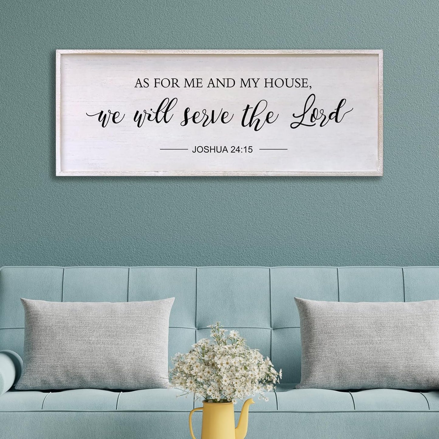As for Me and My House We Will Serve the Lord Wall Decor - 32" x 12" Large Rustic Family Living Room Wood Framed Home Sign Joshua 24 15 Christian Bible Verse Plaque Hanging Wall Art(White)