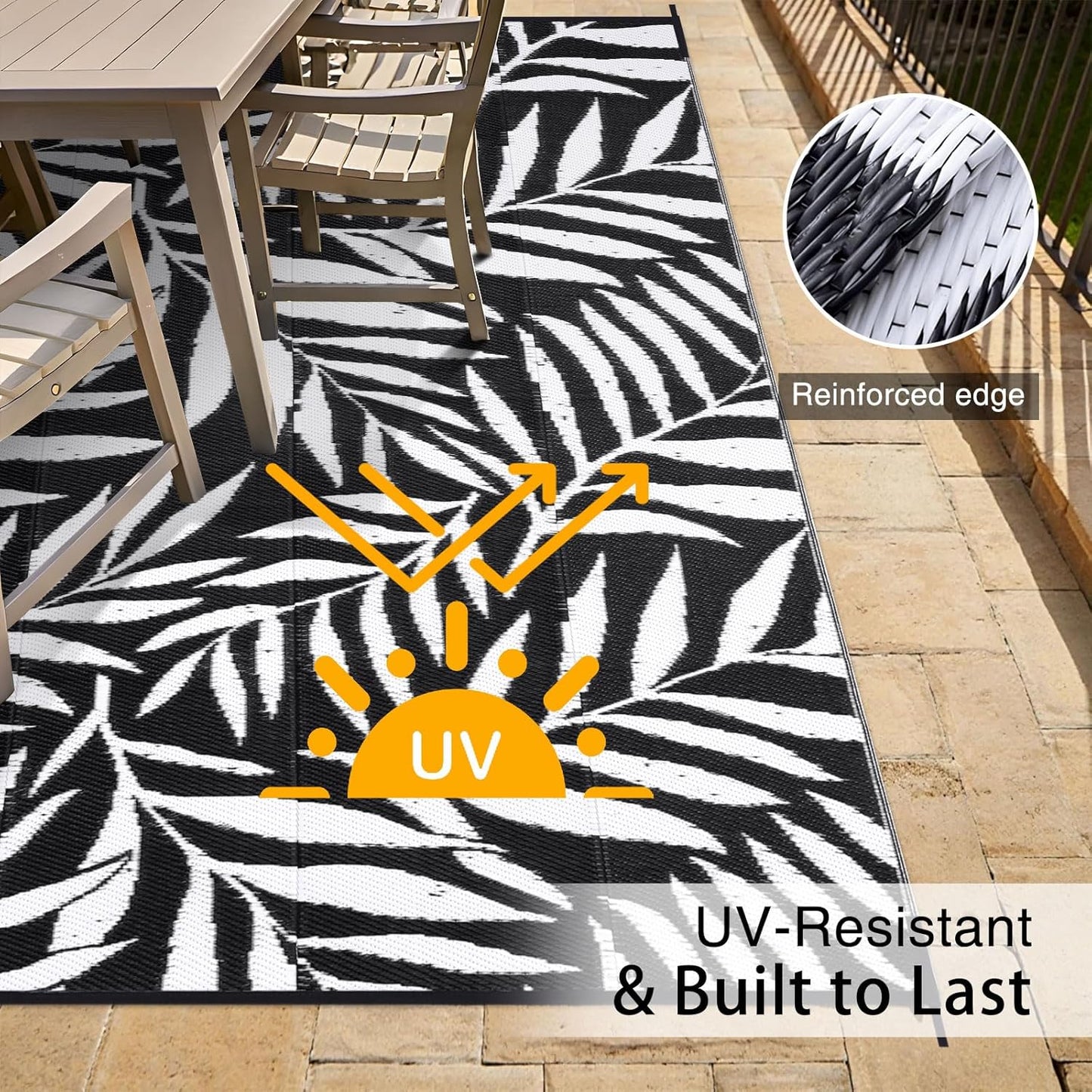 OLANLY Waterproof Outdoor Rug 8x10 ft, Reversible Outdoor Plastic Straw Rug with Leaf Pattern, RV Mat, Indoor Outdoor Carpet for Patio, Camping, Balcony, Deck, Backyard, Black & White