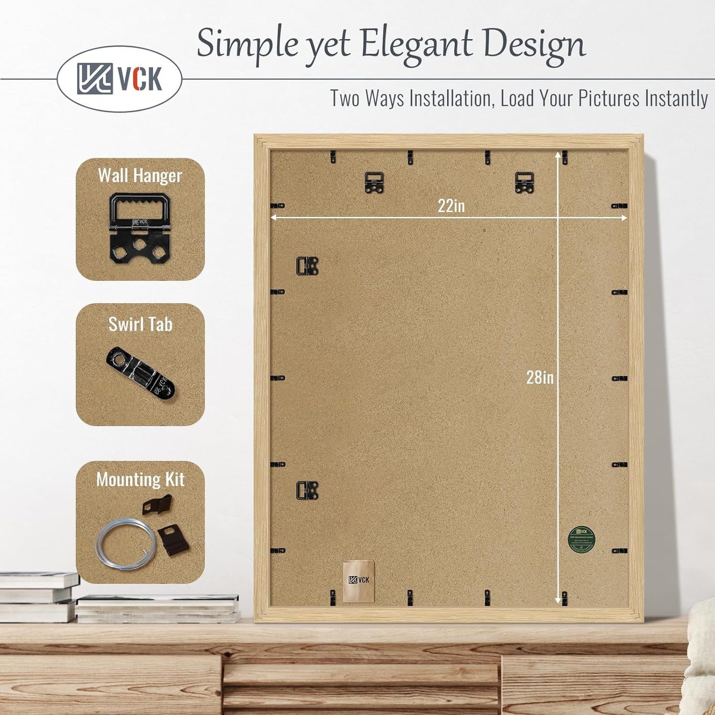 VCK 22x28 Oak Poster Frame 3 Pack, Natural Solid Wood Picture Frames, Wall Mounting Hanging