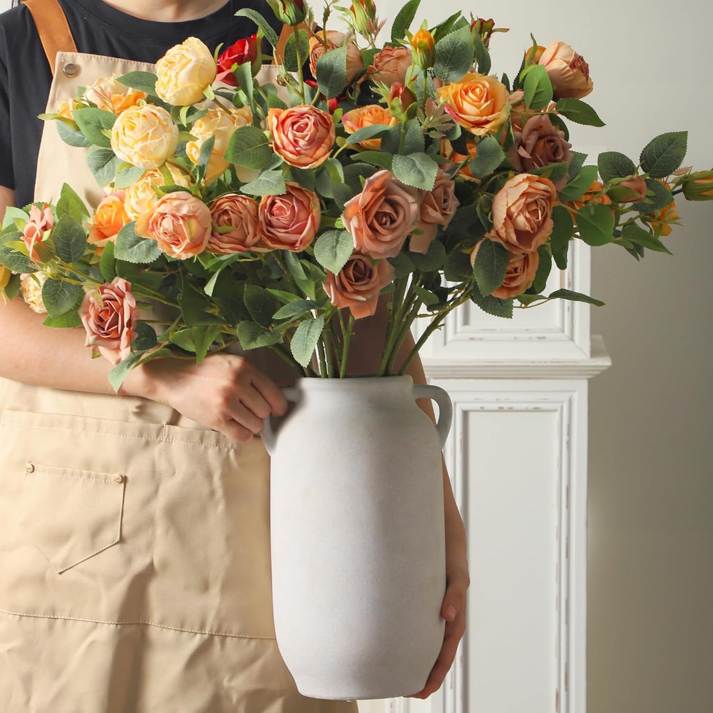 Large Flower Vase Home Decor - 12 inch Tall Ceramic Farmhouse White Rustic Table Vases with Handle Living Room Decoration Decorative Modern for Fireplace Kitchen