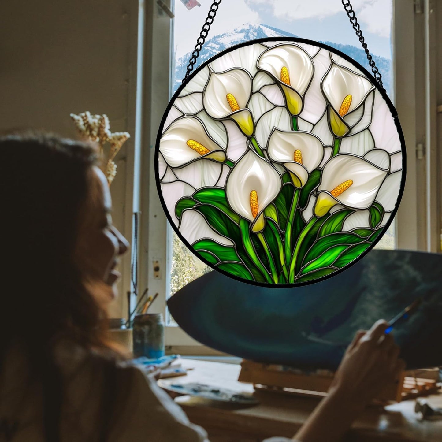 Stained Glass Window Hanging, White Calla Lily Suncatcher Diamond Glass Panel Hangings Flowers Sun Catchers Decor for Birthday for Women, Men, Wife, Aunt, and Mom 14.9x14.9 in