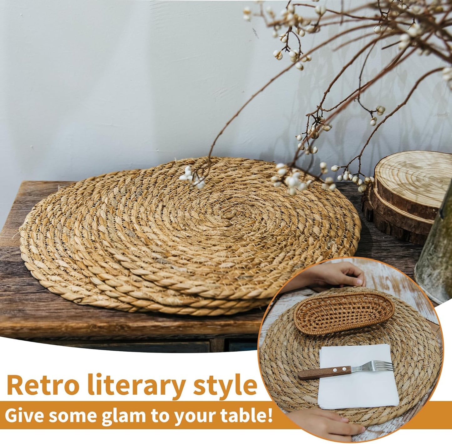 Defined Deco Woven Placemats Set of 10,13.5" Round Rattan Placemats,Farmhouse Weave Rustic Braided Wicker Table Mats for Dining Table Home Wedding