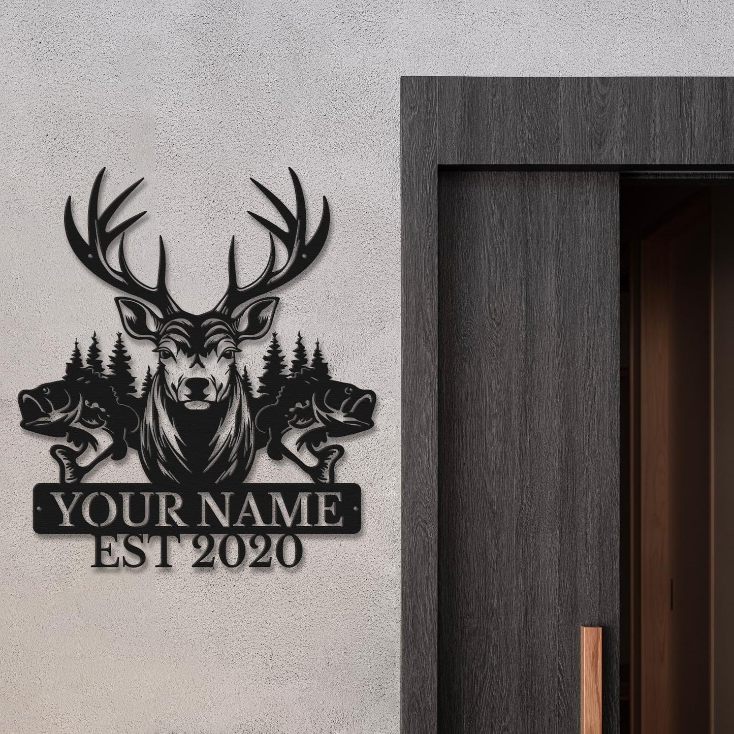 Personalized Custom Forest Deer and Fish Wall Decor, Metal Signs, Black Metal Wall Art, Custom Name Signs for Dad's Shed, Camping and Hunting Decor