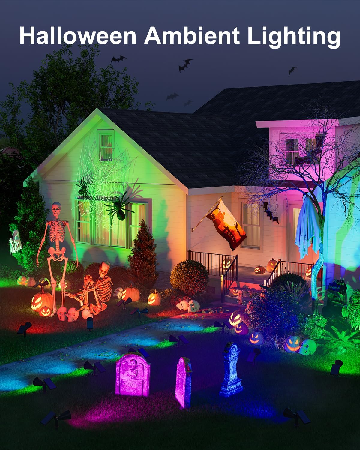Color Changing Solar Spotlights Outdoor RGB Waterproof Landscape Flood Lights for Halloween Decorations, Skeletons, Tombstones, Pumpkin, Tree, Uplighting for Outside House, Wall, Yard, Garden, Pathway