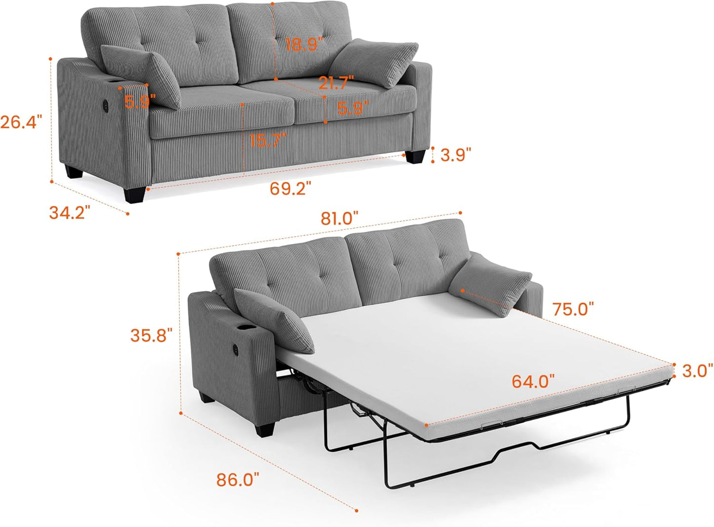 CHIC HOUSE Pull Out Sofa Bed, Full Size Sleeper Sofa, 2-in-1 Convertible Corduroy Couch with USB Charging, Memory Form Couch for Living Room, Apartment and Small Space (Grey, Corduroy - Queen Size)