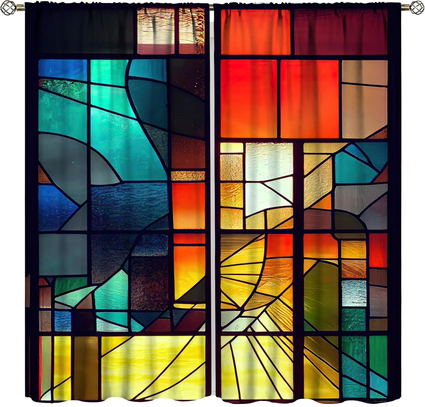 Stained Glass Curtains,Retro Abstract Colorful Geometry Textures Art Home Decor Drapes for Bedroom Living Room Kitchen Window Treatment 2 Panels Set Total Size 42" W X 45" L Inch