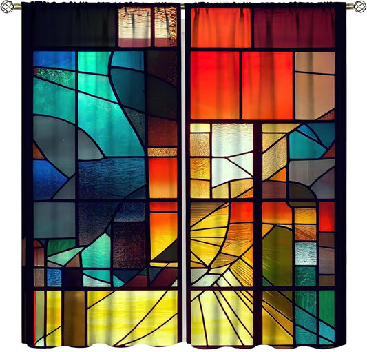 Stained Glass Curtains,Retro Abstract Colorful Geometry Textures Art Home Decor Drapes for Bedroom Living Room Kitchen Window Treatment 2 Panels Set Total Size 42" W X 54" L Inch