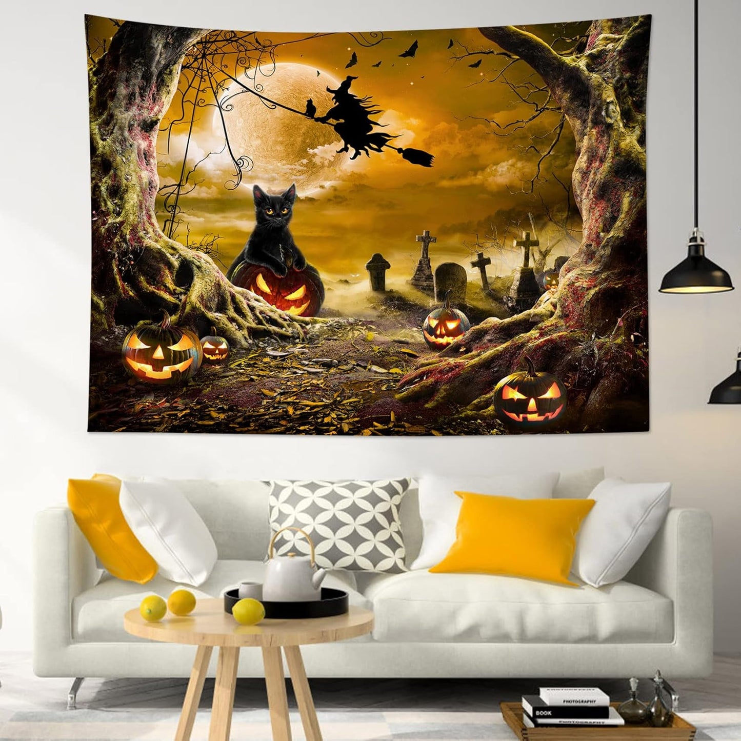 LB Halloween Wall Tapestry - Horror Witch Cat, Dead Tree, Pumpkin Lights With Spooky Graveyard, Orange Full Moon Over Misty Forest for Bedroom Living Room Dorm - 80x60 Inches