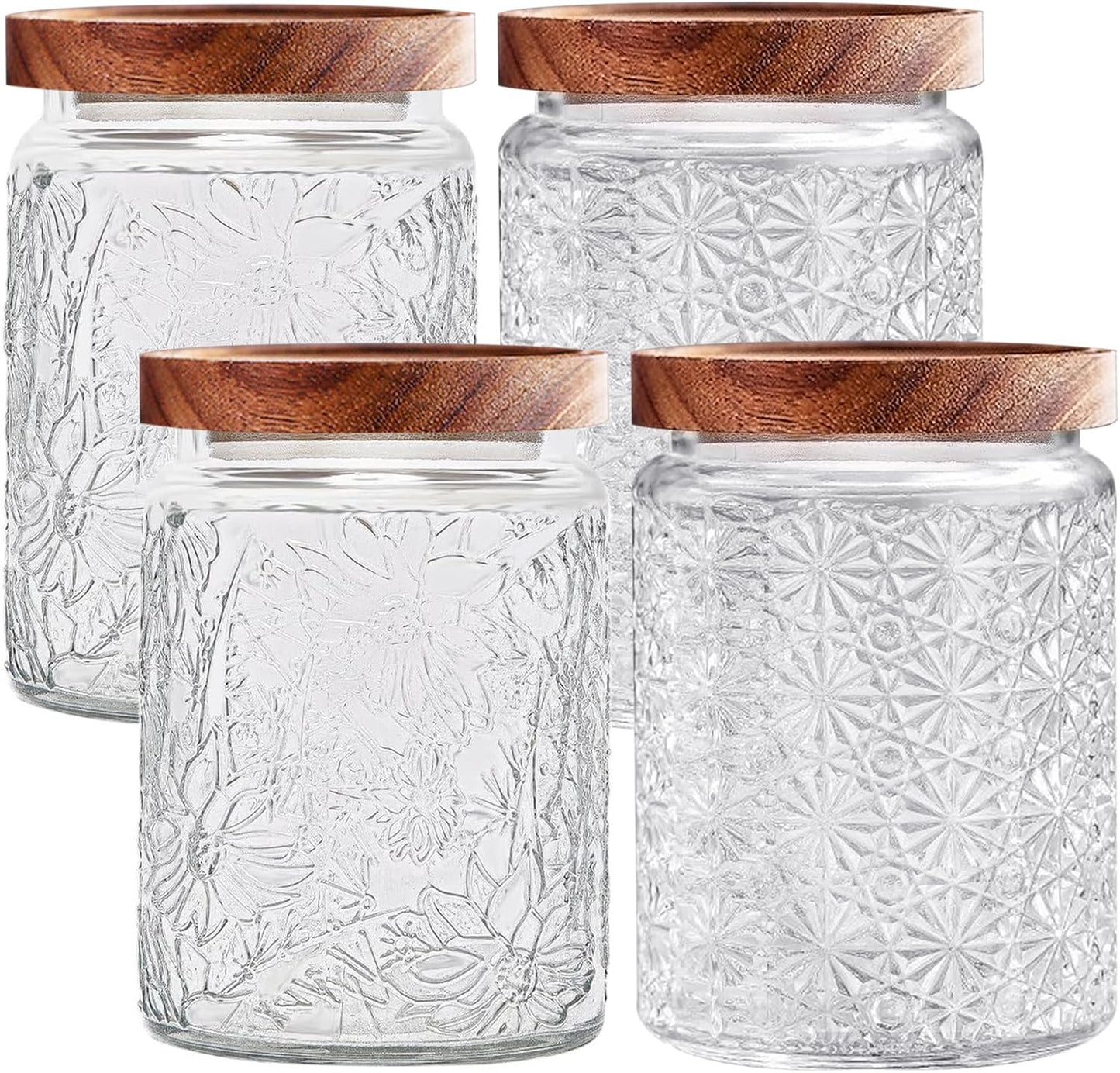 Vintage Glass Jars with Wooden Lids, 4 Pack 24 oz Airtight Glass Food Storage Containers Sets for the Kitchen, Sugar Coffee Candy Spice Cookie Tea Pasta