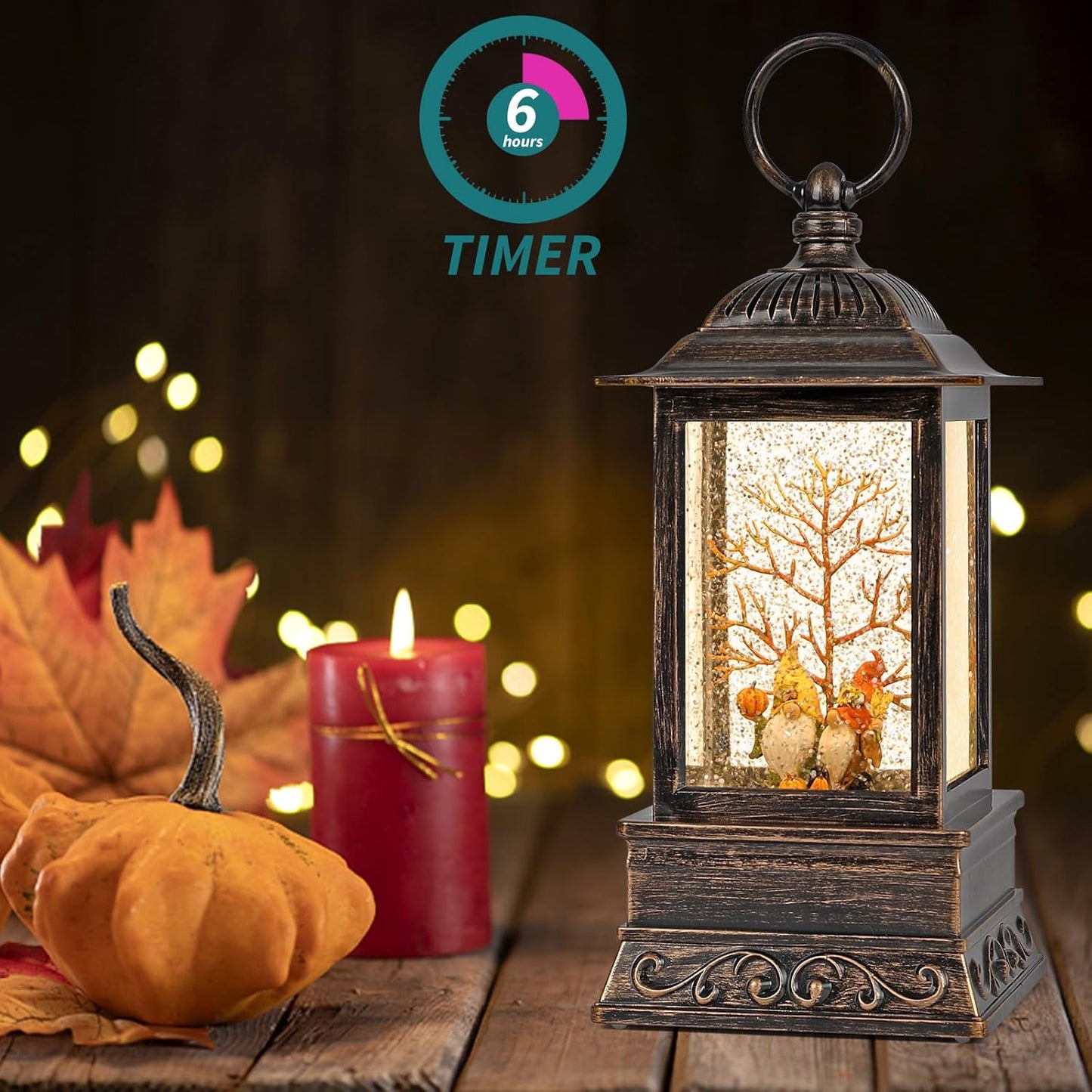 Fall Snow Globe Gnome Lantern, Glitter Lighted Snow Globes Fall Decorations for Home, Light Up Snowglobe Fall Décor