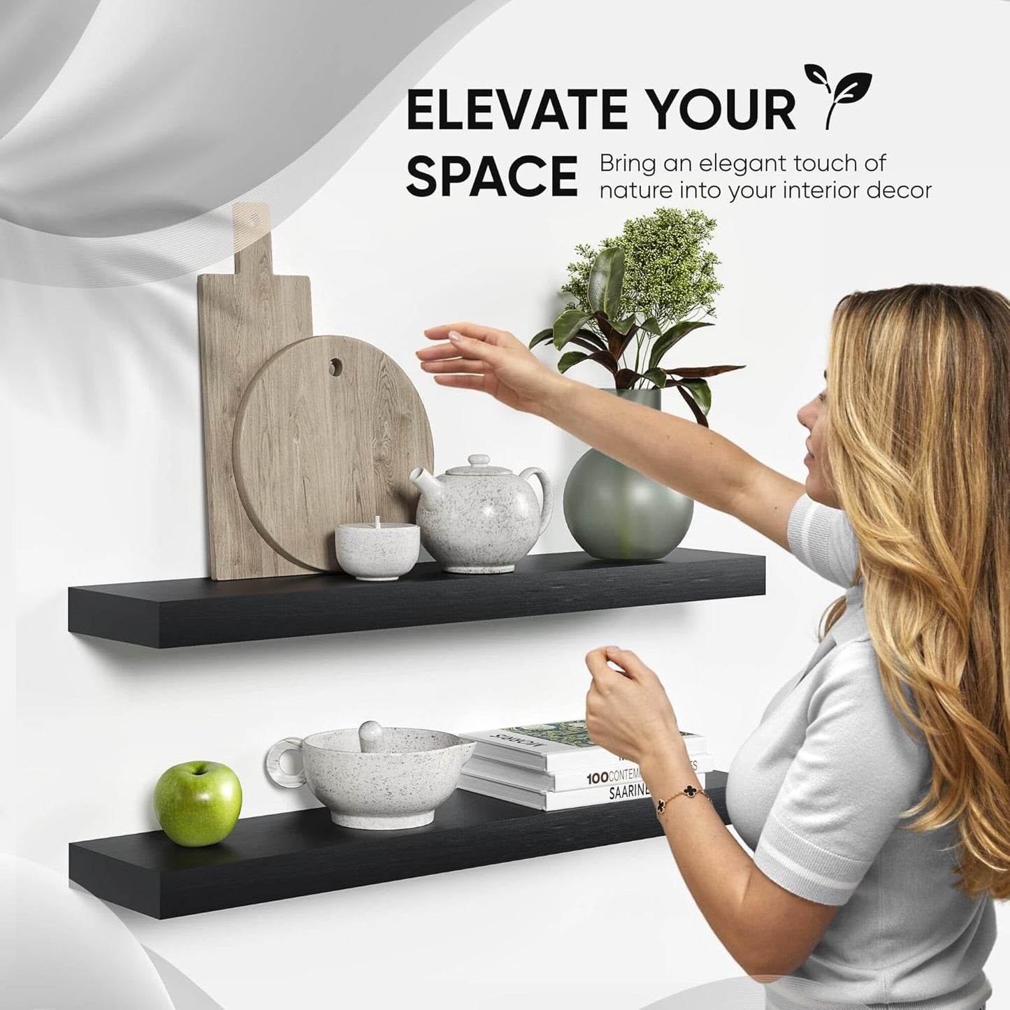 Homeforia Black Floating Shelves 30 inches Long, High End Solid Real Wood 30 inch Floating Shelf for Wall Mounted, Black Wooden 30in Floating Shelves, Heavy Duty Bracket, 30 X 6.5 X 1.75 in, Set of 2