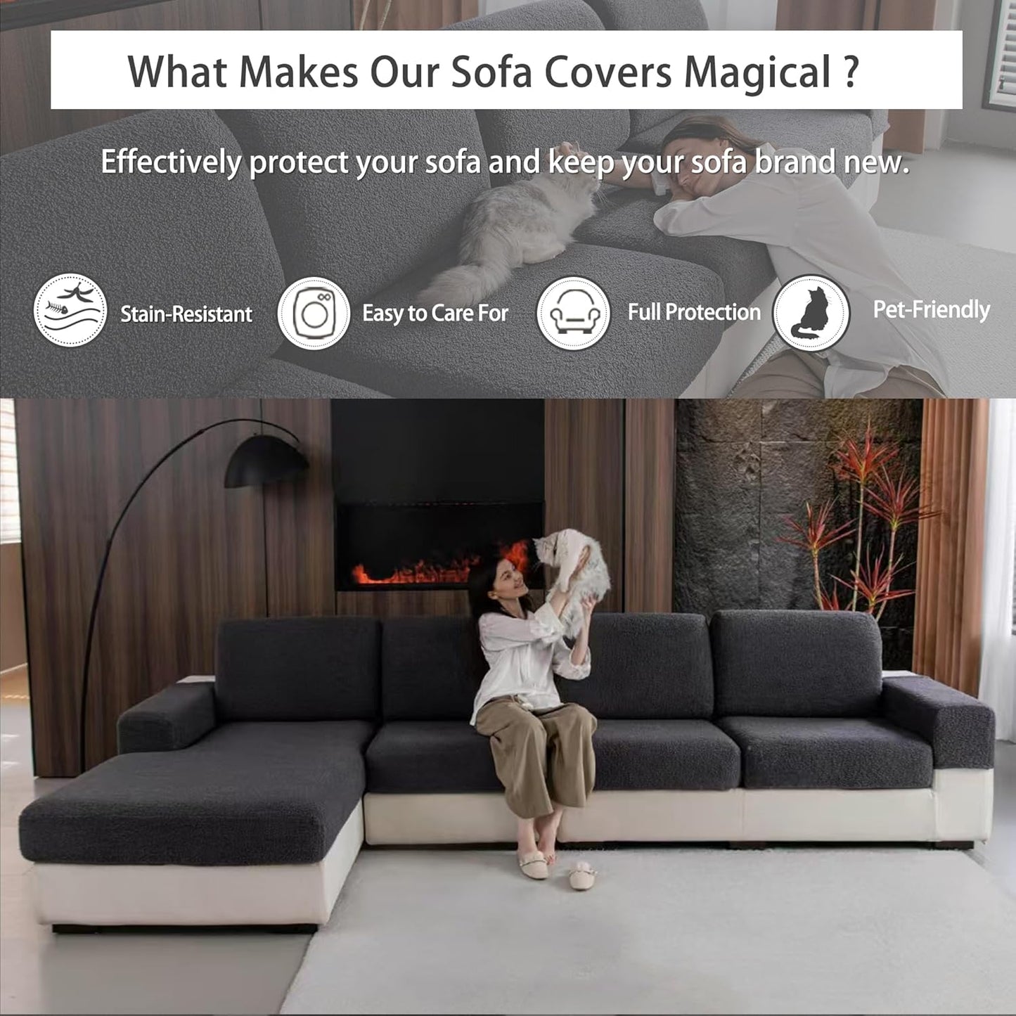 Couch Cushion Covers for Sectional Sofa, Stretch Soft Sofa Slipcovers Washable Wear-Resistant Universal Furniture Protector for Living Room(1 Piece Large Cover, Dark Gray)