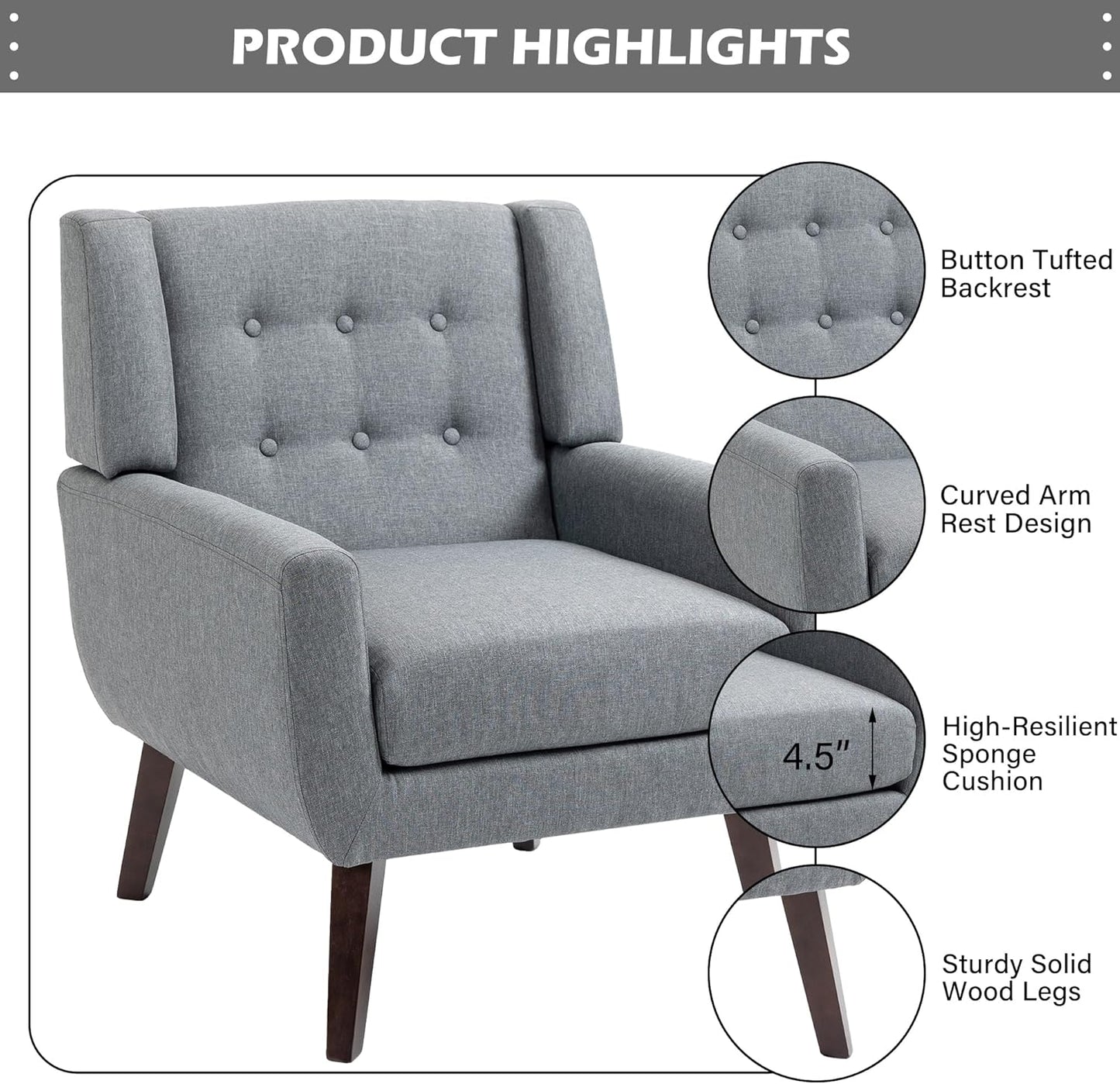 UIXE Accent Chair, Modern Upholstered Armchair in Fabric for Living Room, Comfy Club Arm Chairs Single Sofa Button Tufted Bedroom Reading Seat - Gray, Set of 4