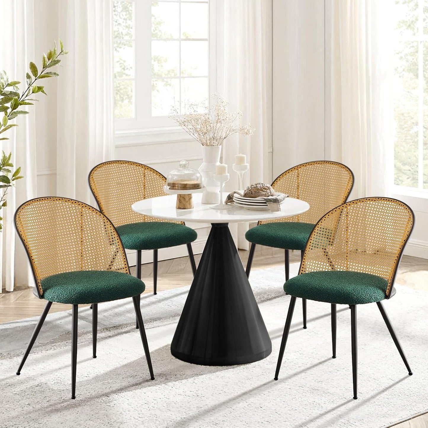 Rattan Dining Chairs Set of 4, Mid-Century Modern Kitchen Dining Room Chairs with Full Cane Backrest Armless Upholstered Farmhouse Boucle Dining Chairs with Metal Leqs for Dining Room, Green