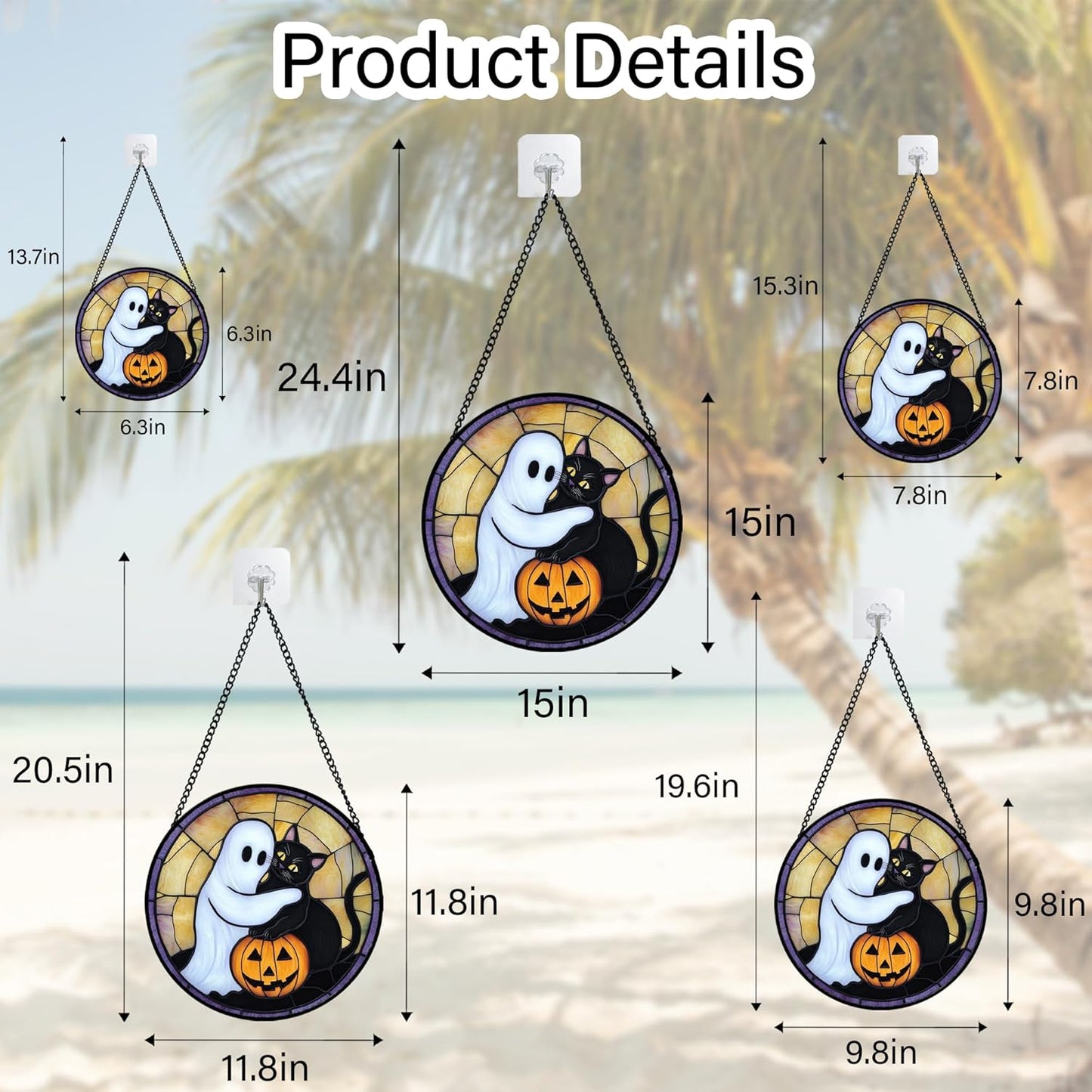 Stained Glass Window Hanging - Halloween Decorations Cute White Ghost Black Cat Suncatcher for Doors Garden Spooky Sun Catchers Gothic Decor Horror Gifts for Women Men Friend Boy 7.8 in