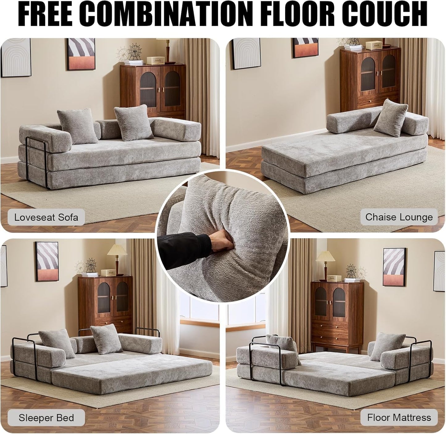 Convertible Sleeper Sofa Bed, Compression Folding Sofa with Pillow, No Assembly Required, Shape Frame, Floor Sofas Lounge Couchs for Living Room, Bedroom, Small Spaces(Chenille, 77''W, Light Grey)