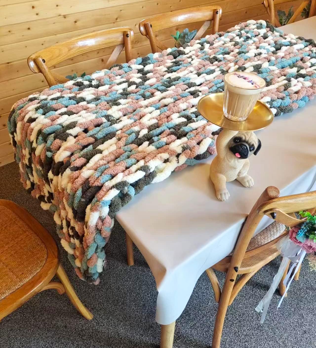 DDL&HEXI Chunky Chenille Blanket 100% Hand Knit with Jumbo Chenille Yarn (50"x60") Super Soft Large Throw Bed Blanket for Couch, Sofa, Home Decor - Machine Washable (02)