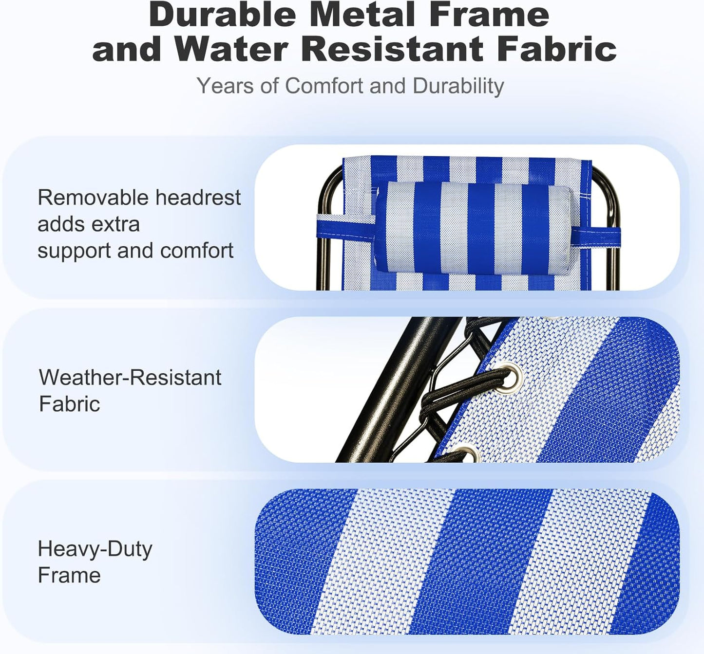 Nazhura Set of 2 Relaxing Recliners Patio Chairs Adjustable Steel Mesh Zero Gravity Lounge Chair Beach Chairs with Pillow and Cup Holder (Navy Blue Stripe)