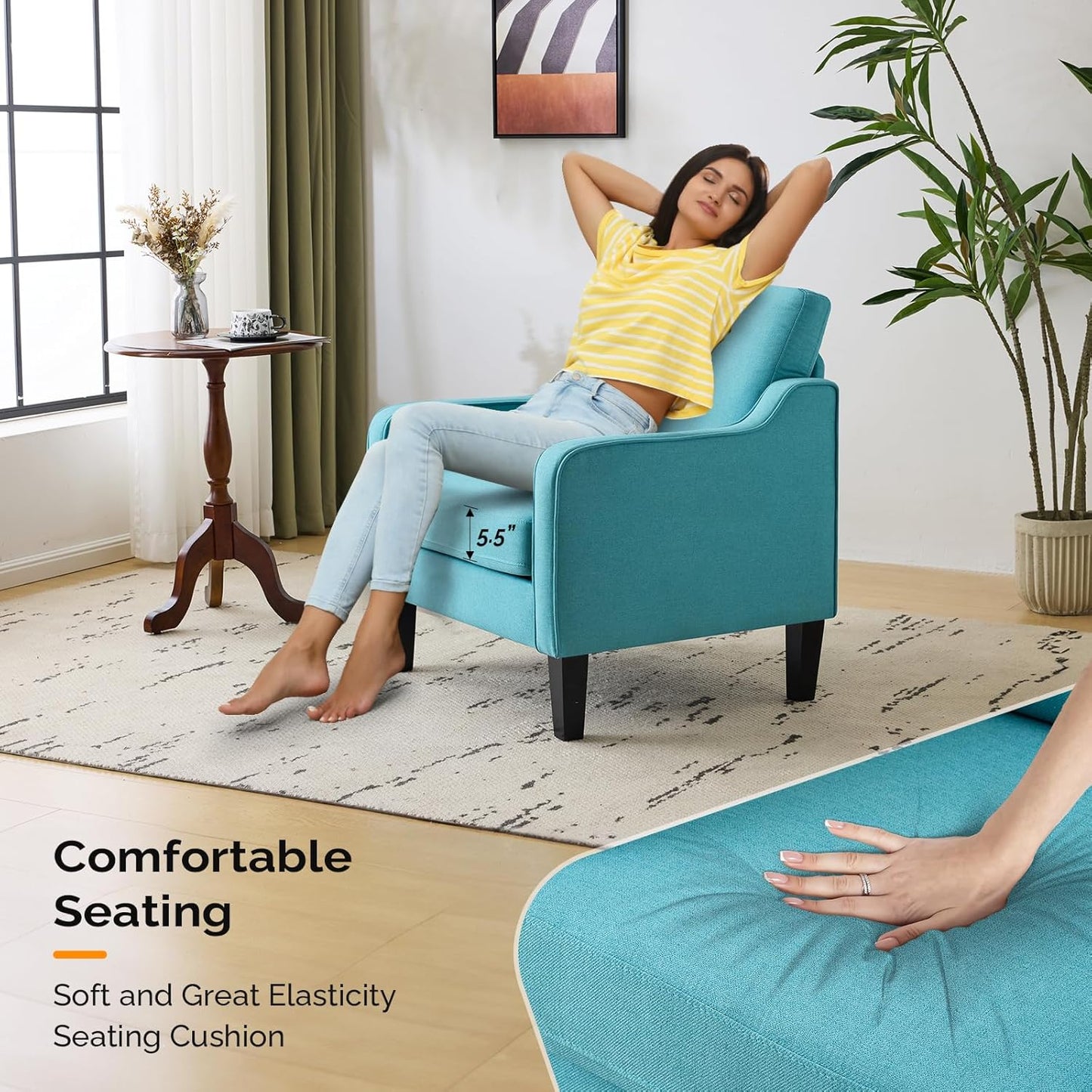 VINGLI Accent Chairs Set of 2 Living Room Chairs Teal Blue Reading Chair for Bedroom Scooped Arm Chair Mid Century Modern Accent Chairs Upholstered Comfy Chair for Apartment, Waiting Room