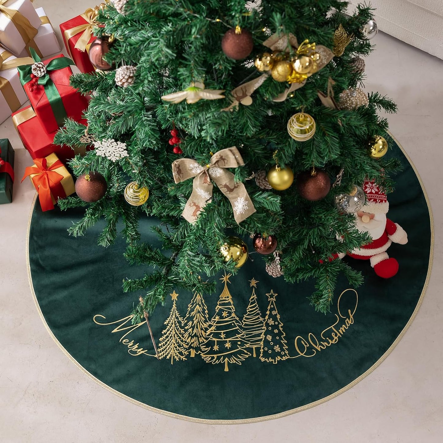CROWNED BEAUTY Christmas Tree Skirt Velvet Collar 50 Inch Embroidered Gold Soft Plush Fur Holiday Decoration (Green) TS43-50