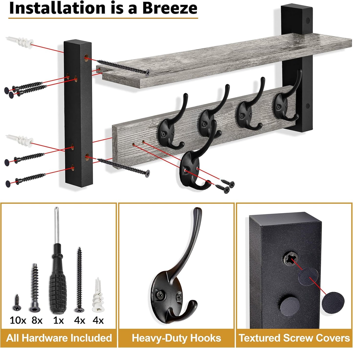 Sorbus Coat Hooks Wall Mount with Shelf – 24 Inch Coat Rack Wall Mount with 5 Heavy Duty Hooks – Floating Wall Shelf with Hooks for Entryway, Bathroom, Bedroom, Kitchen, or Mudroom (Gray)