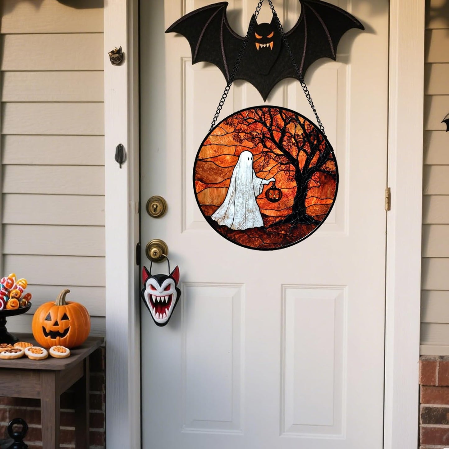 Stained Glass Window Hanging - Halloween Ghost Holding A Pumpkin Lantern Suncatcher for Door Garden Spooky Tree Sun Catchers Gothic Decorations Horror Gifts for Women Men Friend 9.8 in