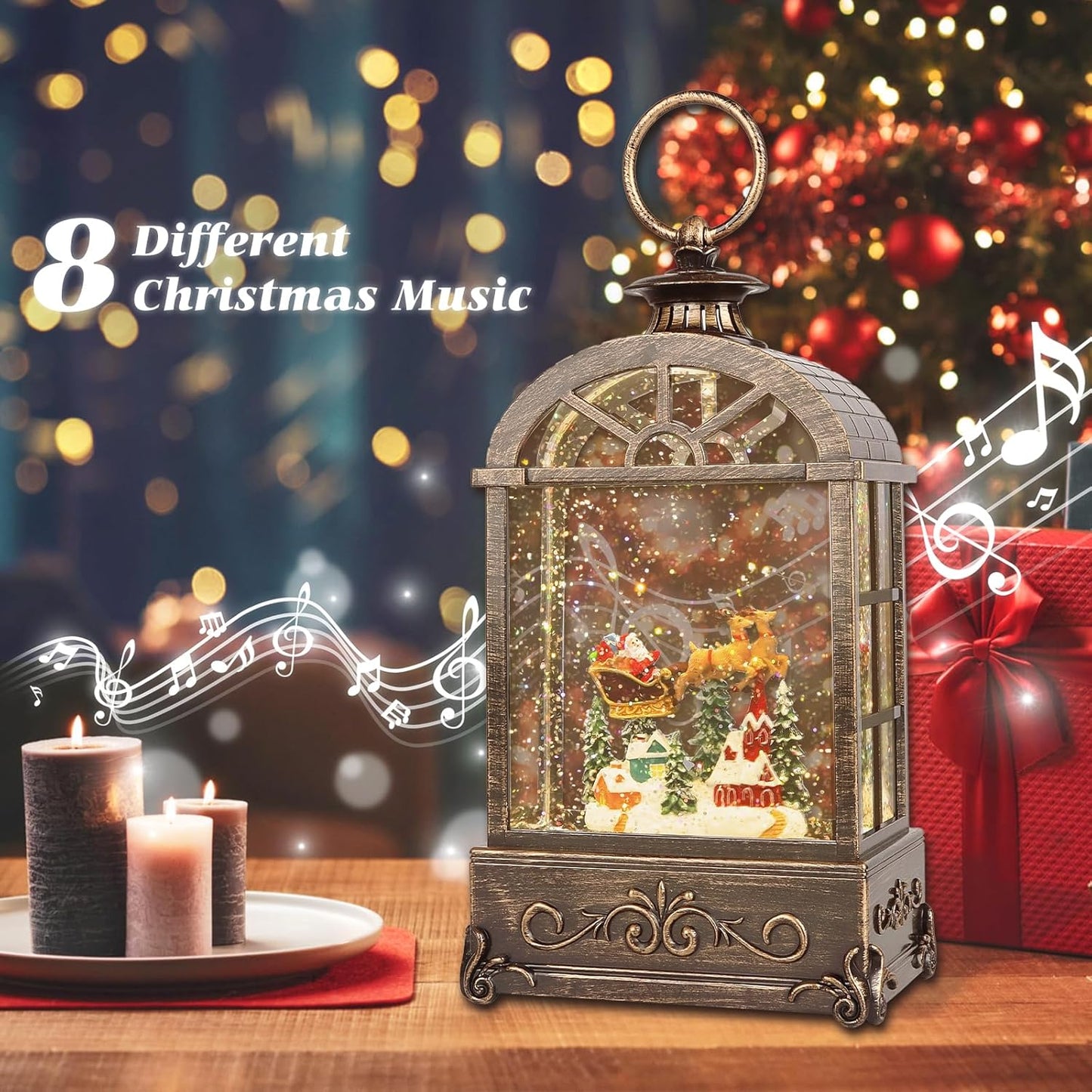 Christmas Snow Globes Lantern,Musical Snow Globes,Christmas Decorations Indoor for Home,Battery Or USB Powered,with 6 Hour Timer,Christmas Lantern for Festival Decoration,Reindeer Vehicle