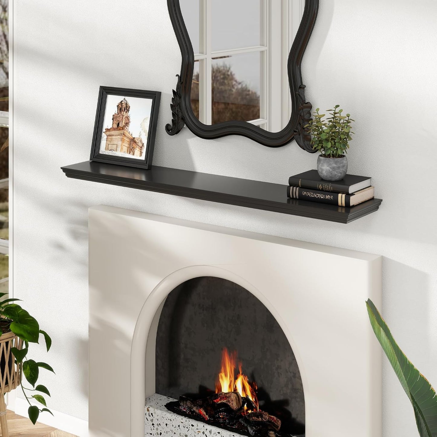 Floating Shelves for Wall, 48 Inch Long Wall Mounted Black Hanging Shelf for Kitchen, Living Room, Office, Bedroom, Bathroom, Retro Vintage Wood Bookshelf for House Decor