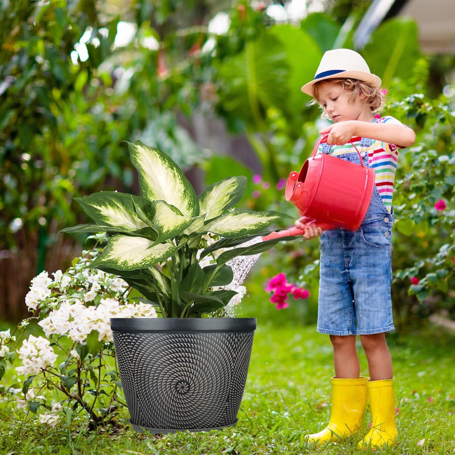 Quarut 15 Inch 4 Pack Large Plant Pots, Plastic Flower Pot for Indoor & Outdoor with Drainage Holes & Saucer, Circle Pattern Planters Garden Pots for Herbs
