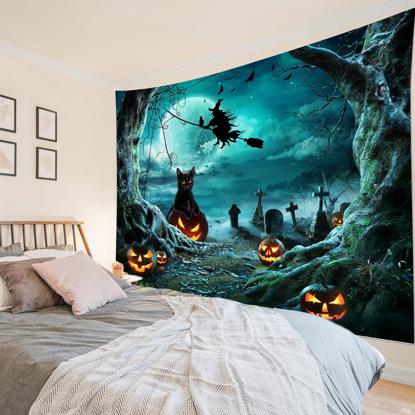 LB Halloween Tapestry Pumpkins Black Cat Dead Tree in Spooky Graveyard Full Moon Night with Witch Halloween Wall Hanging for Bedroom Living Room Dorm Decor 80x60 Inch