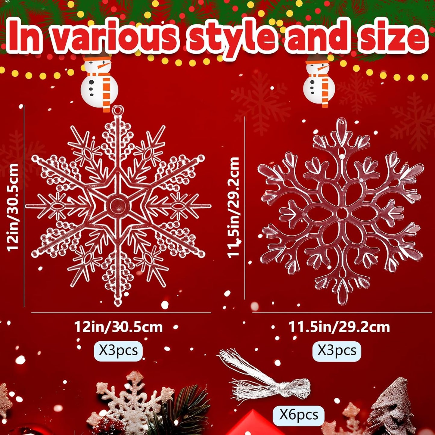 6pcs Large Clear Snowflakes Ornaments 12" Big Plastic Glitter Snowflake for Winter Indoor Outdoor Christmas Tree Window Room Decorations Giant Craft Snowflakes