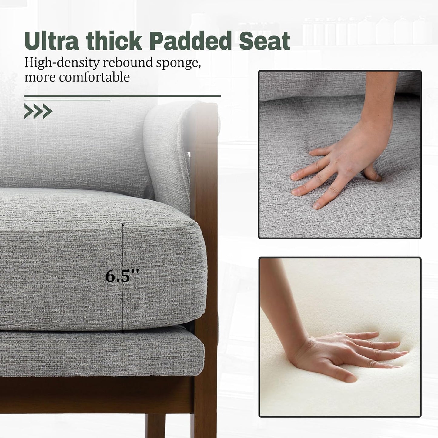 Modern Accent Chair for Living Room Mid Century Arm Chair Upholstered Bedroom Chair Comfy Lounge Chair with Solid Wood Frame, Grey