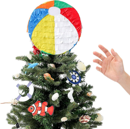 Retisee 7.8'' Summer Beach Ball Tree Topper Hawaiian Party Decoration Summer Tree Ornaments Pool Party Supplies for Home Indoor Holiday Outdoor Beach Decor