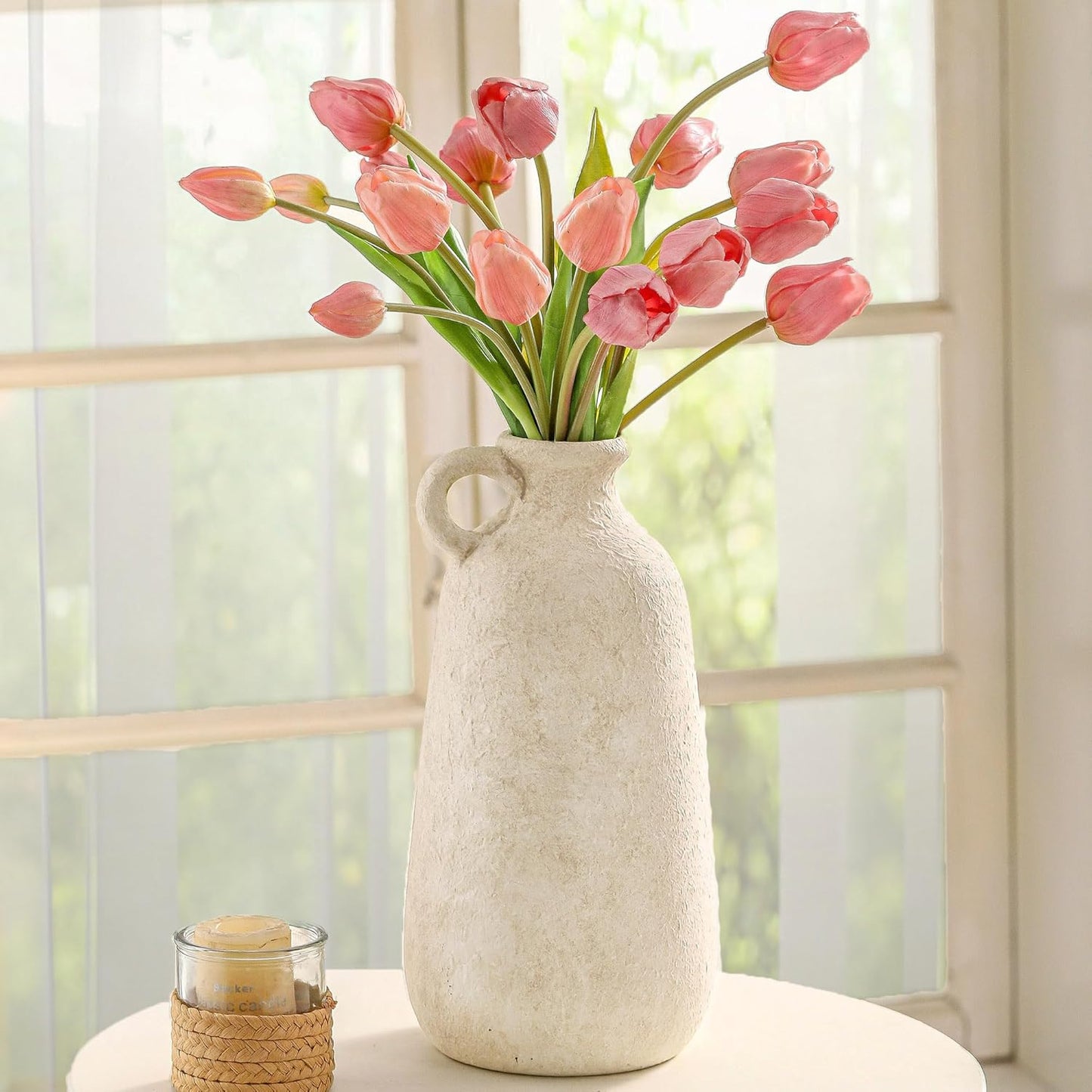 Ceramic Rustic Vase, 12.8" Large Flower Vases Home Decor Pottery Farmhouse Decorative Vase Boho Neutral Pampas Vases for Mantel Entryway Table Living Room Shelf Kitchen