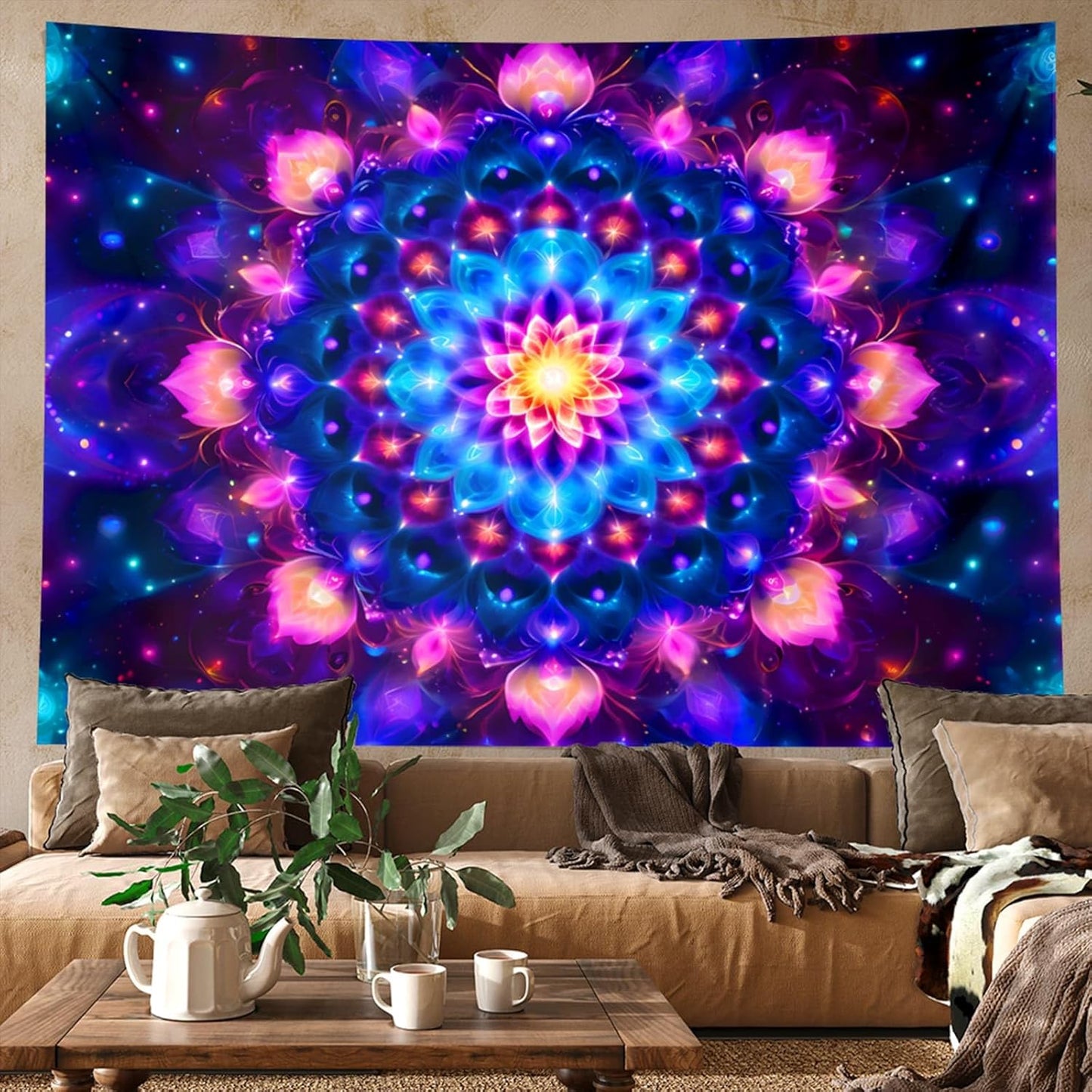PSYHILAR Blacklight Mandala Tapestry for Bedroom, Psychedelic Black Light Posters for Adults and Teens, Colorful UV Reactive Aesthetic Bohemian Art Wall Hanging Decor (90 x 70 Inches)