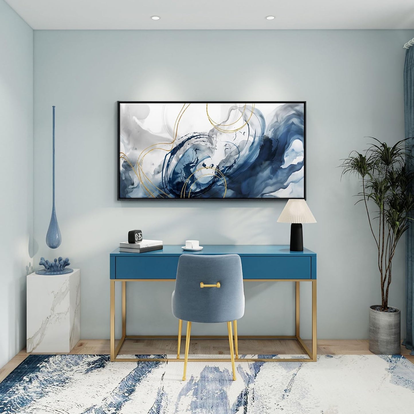 Mofutinpo Blue Wall Art Framed Abstract Canvas Wall Art Blue Pictures for Living Room Wall Decoration Large Modern Office Artwork Wall Decor Graffiti Paintings for Bedroom 24×48IN