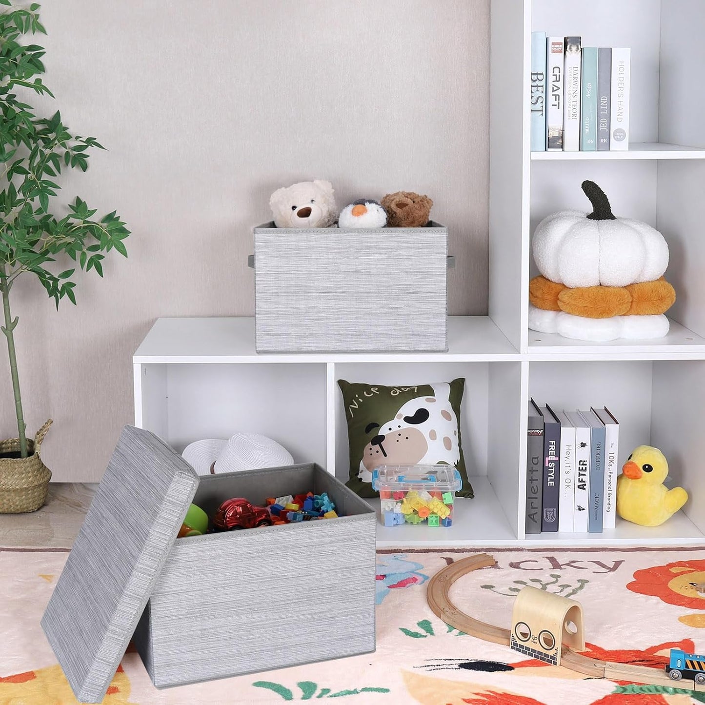 WUIKE 3 Pack Extra Large Closet Storage Bins with Lids, Gray Storage Boxes with Handles, Fabric Storage Baskets with Cover for Bedroom