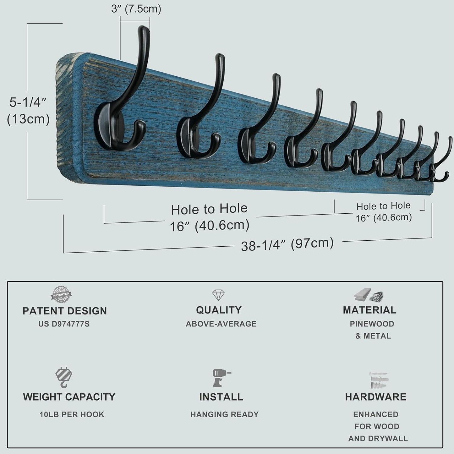 Dseap Coat Rack Wall: 38-1/4" Long, Patented, Heavy-Duty, 10-Double-Hooks Wooden Wall Mounted Coat Rack Coat Hanger Hook Rail for Winter Coats Hat Jacket Clothing, Weathered Blue