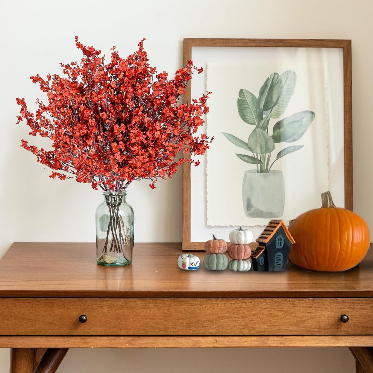 Sggvecsy 15 Pcs Babys Breath Artificial Flowers Gypsophila Bouquets Bulk Real Touch Fake Silk Flowers for Home DIY Floral Arrangement Table Centerpiece Fall Thanksgiving Autumn Decoration (Orange Red)