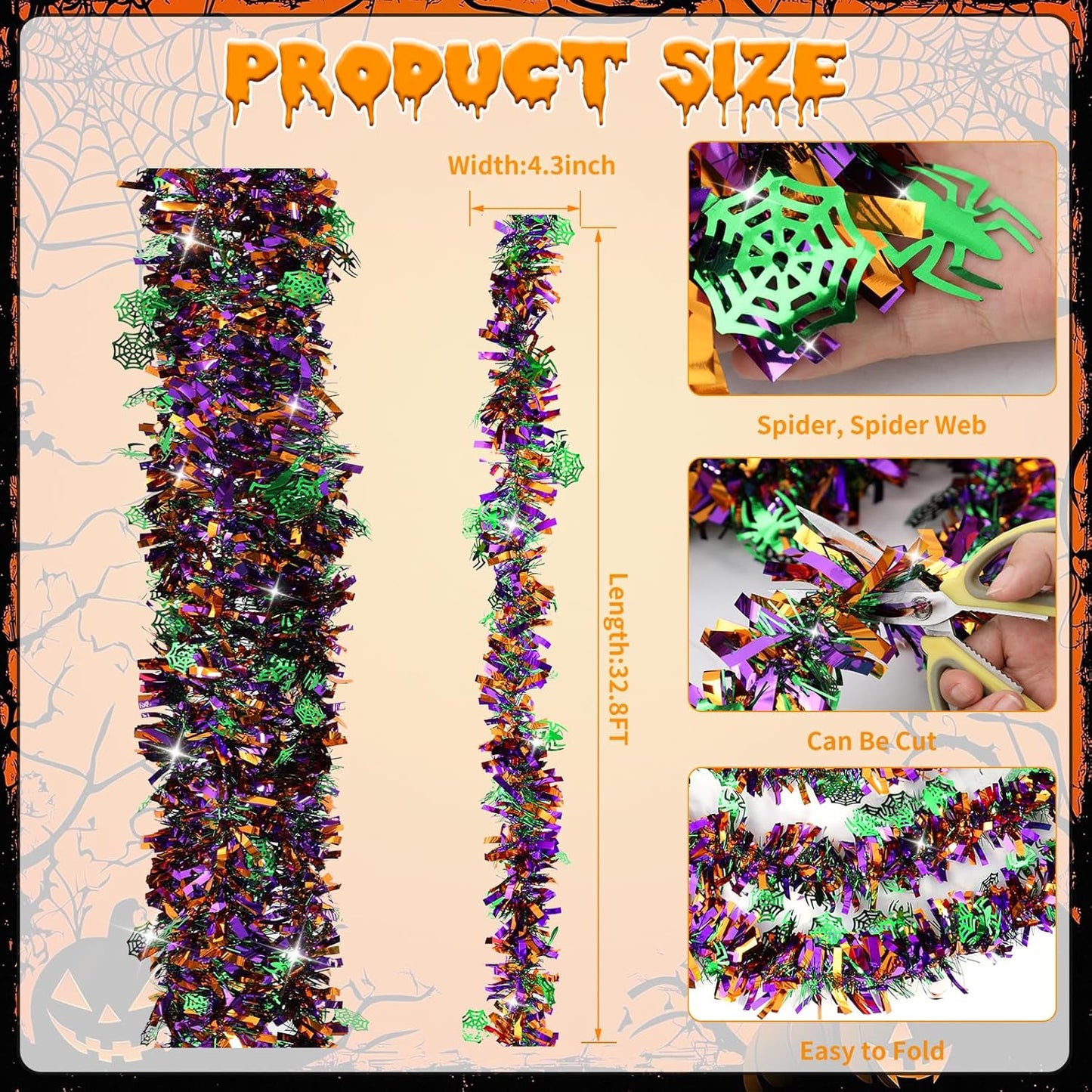 33 FT Halloween Tinsel Garland Decorations,Orange Purple Green Halloween Garland with Spider,Spider Web Shiny Metallic Garlands for Indoor Outdoor Decorations