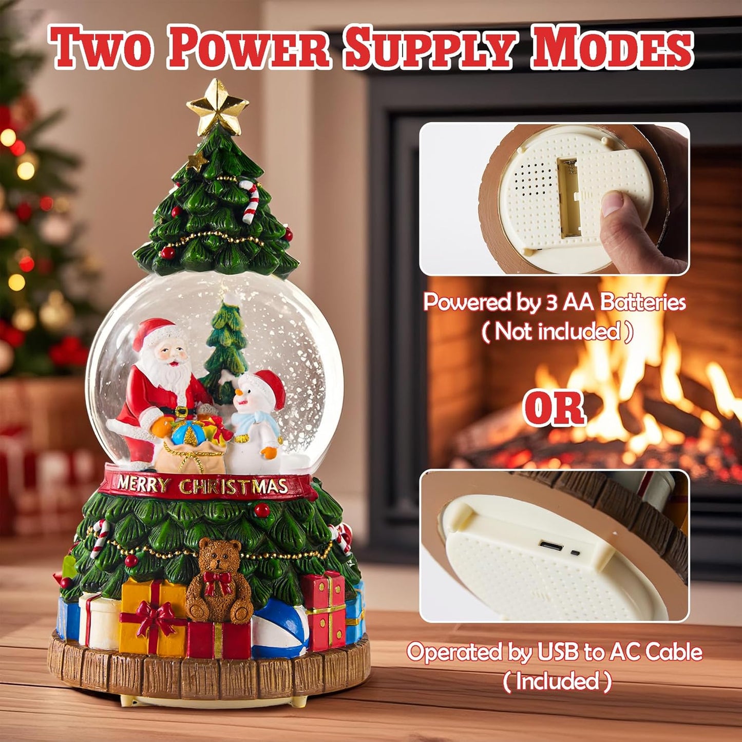 Musical Christmas Snow Globes Lantern with Christmas Tree, Santa Claus and Snowman, Glittering Lights & Snowfall - USB & Battery Powered Holiday Decor Gift for Home, Party, Family