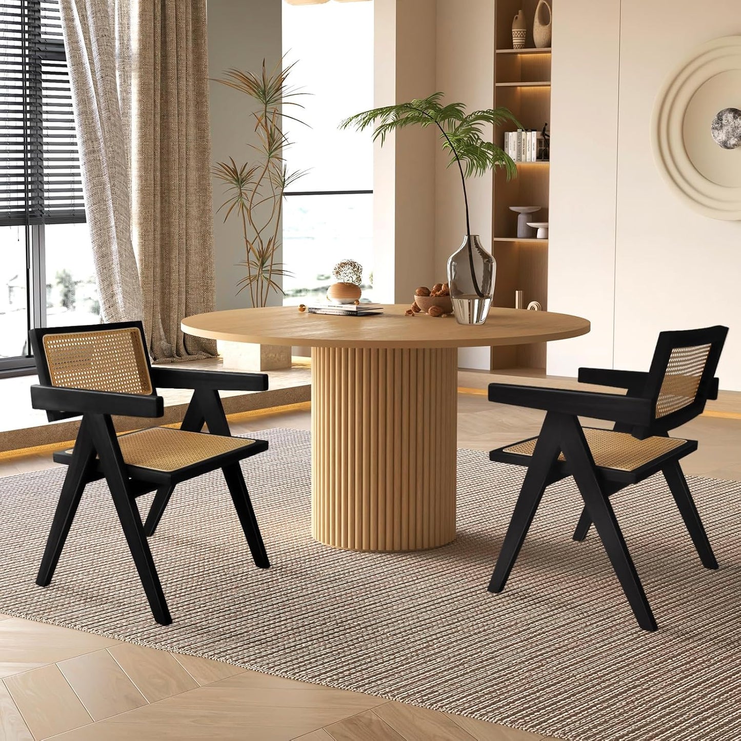 Cane Dining Chairs Set of 4, Rattan Kitchen Chairs Black for Dining Room with Armrest