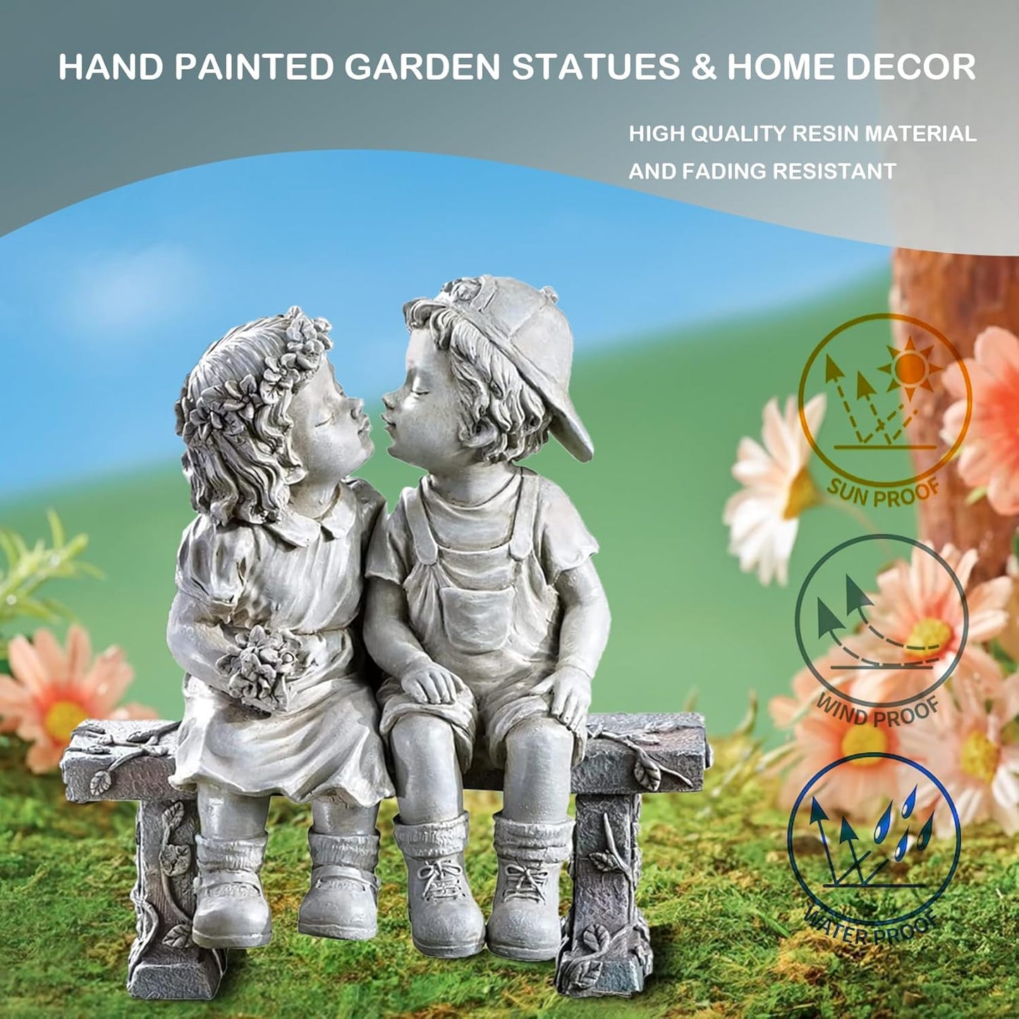 Elenon Boy and Girl Garden Statue Outdoor Decorative, Couple First Kiss Garden Sculpture for Yard Patio Art Flower Bed Decoration, 8 1/4" L x 4 3/4" W x 9" H