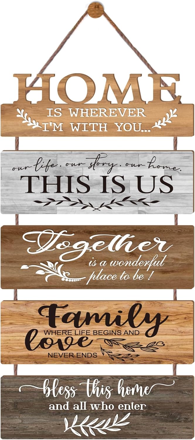Wooden Collage Panels Home Affirmations Wall Sign- Wall Plaques for Living Room,Bedroom,Dining Room,Bathroom - Multicolor Rustic Family Farmhouse Wall Decor 5pcs