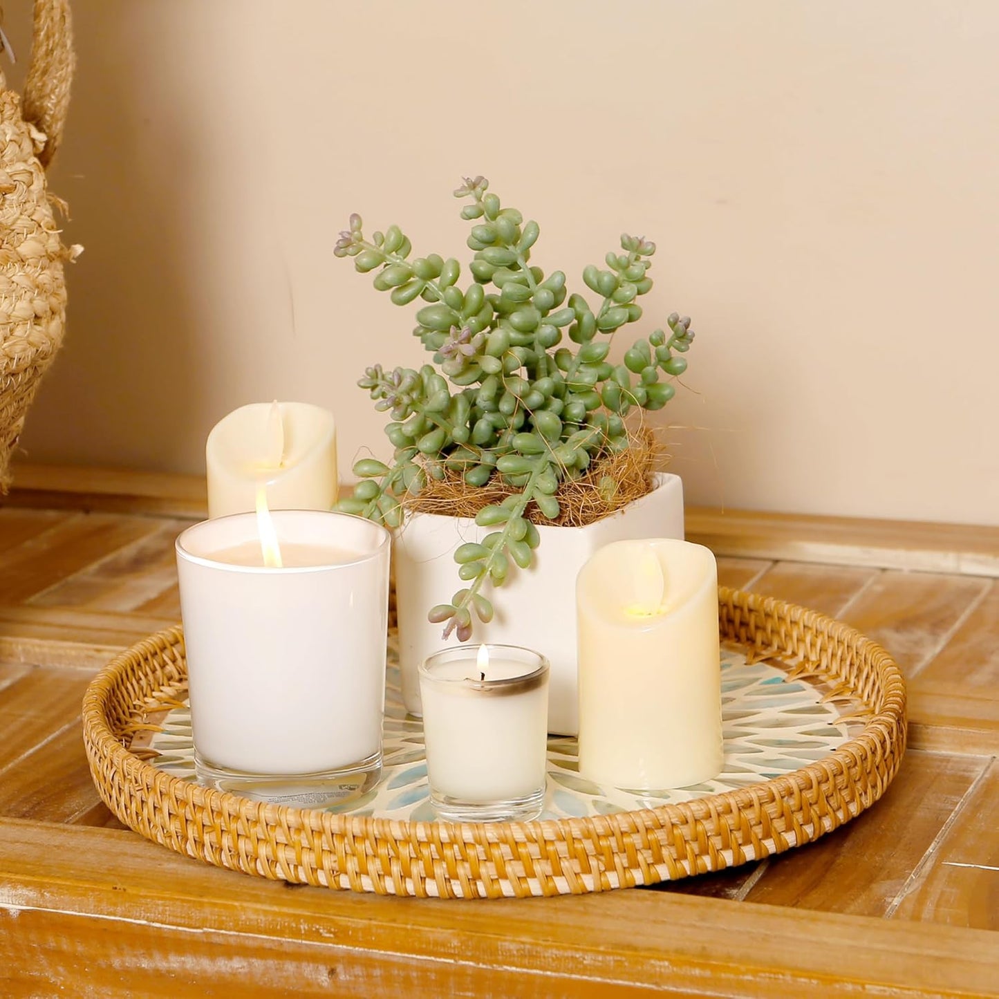 Round Rattan Tray with Mother of Pearl Inlay & Wooden Base - Decorative Wicker Serving Tray for Coffee/Bread/Fruits, Food Storage & Display - Multipurpose Home Decor (M,Colorful Leaves)