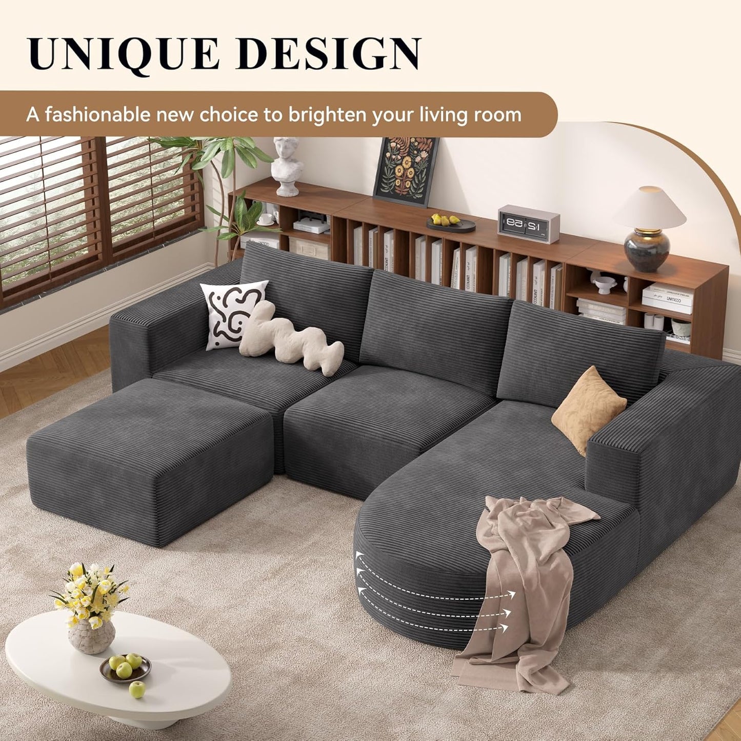 Modular Sectional Sofa with L-Shape Chaise,Cloud Sectional Modern Sleeper Couch with Deep Seat,Sponge Compression Sofas No Assembly Required (Dark Gray-Corduroy Fabric) 1pcs